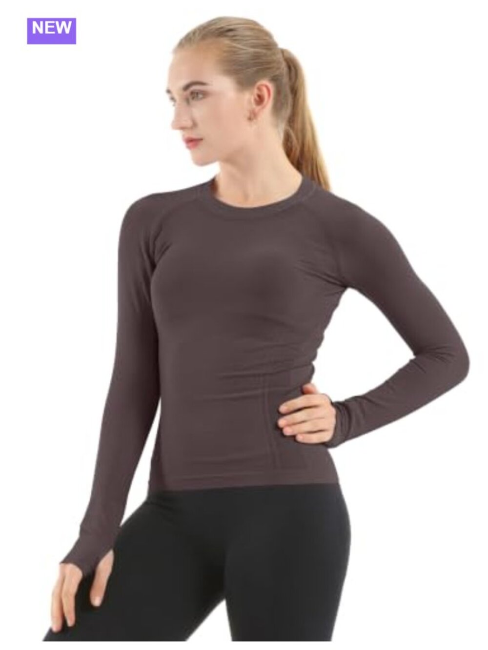 Seamless Long Sleeve Workout Top Thumb Hole Crewneck Gym Yoga Tee